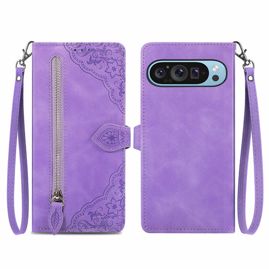 For Google Pixel 9 Anti-fall Leather Case Zipper Wallet Stand Flip Phone Cover - Light Purple
