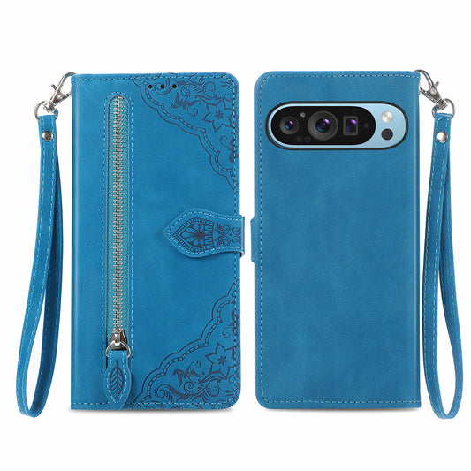 For Google Pixel 9 Anti-fall Leather Case Zipper Wallet Stand Flip Phone Cover - Blue