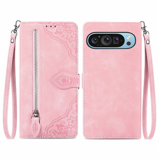 For Google Pixel 9 Anti-fall Leather Case Zipper Wallet Stand Flip Phone Cover - Pink