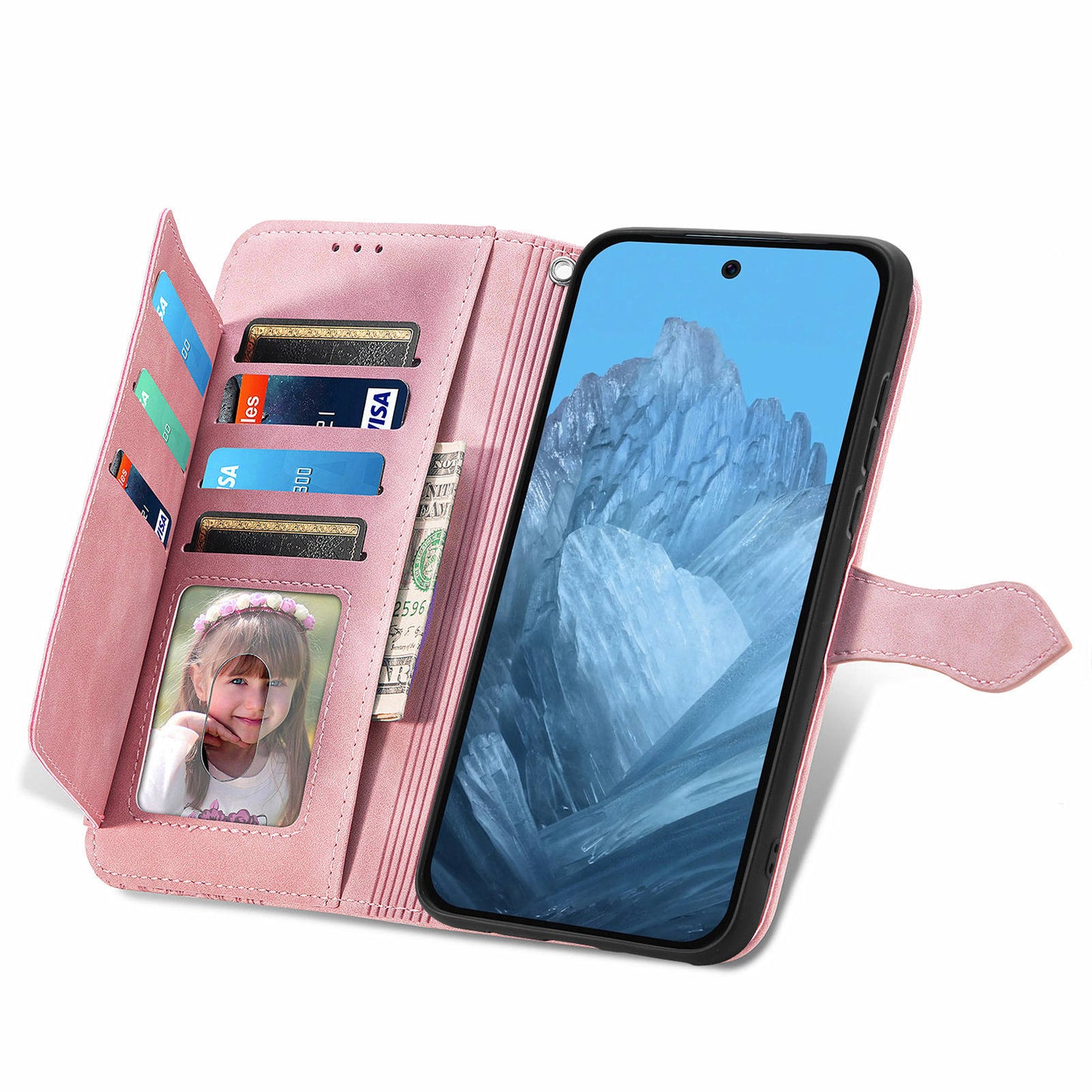 For Google Pixel 9 Anti-fall Leather Case Zipper Wallet Stand Flip Phone Cover - Pink