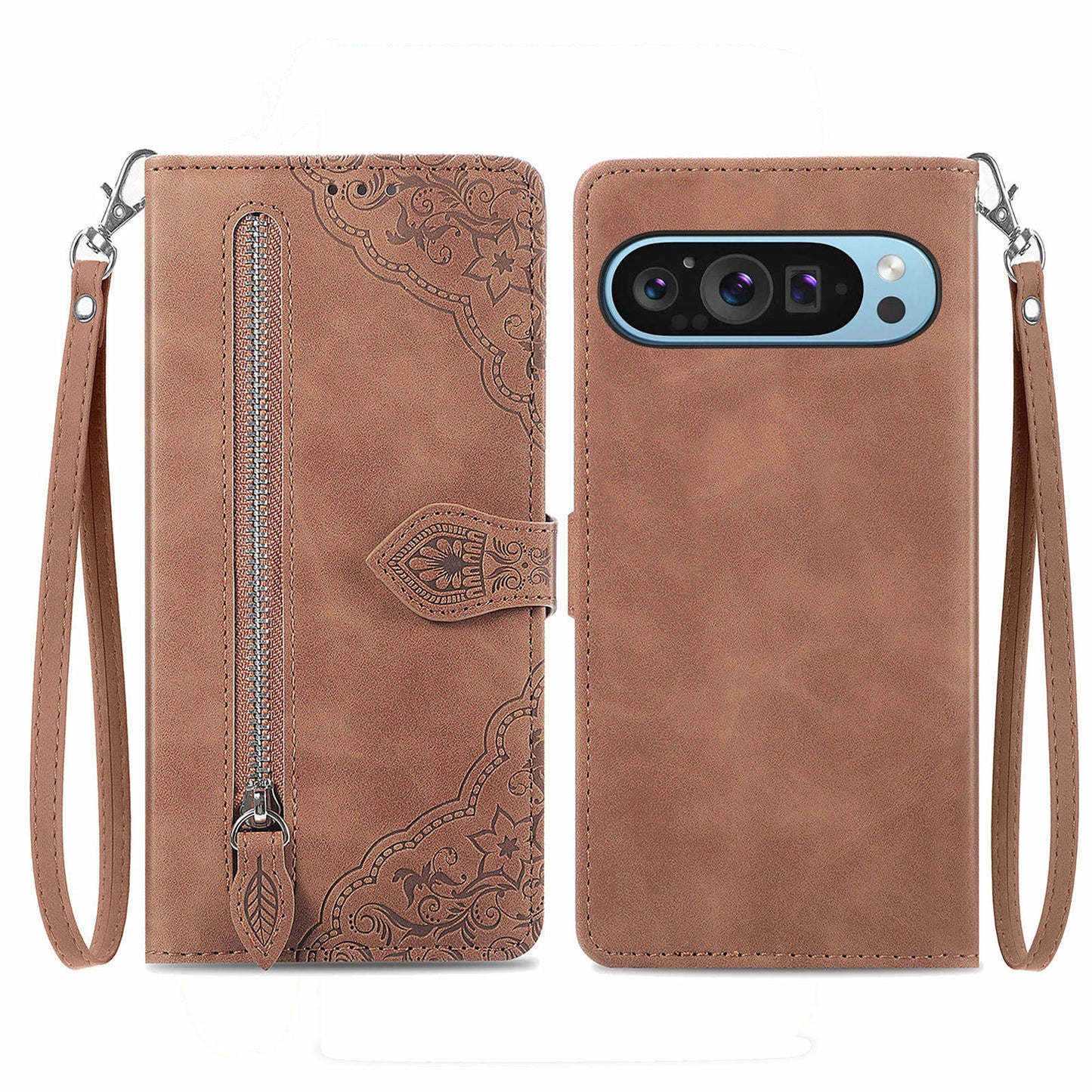For Google Pixel 9 Anti-fall Leather Case Zipper Wallet Stand Flip Phone Cover - Brown