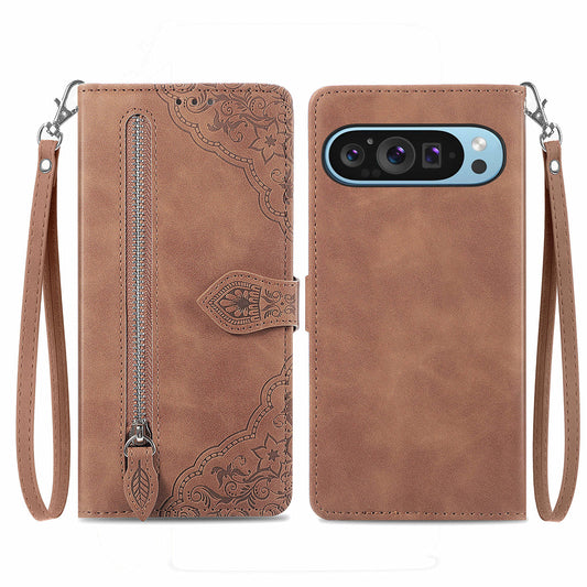 For Google Pixel 9 Anti-fall Leather Case Zipper Wallet Stand Flip Phone Cover - Brown