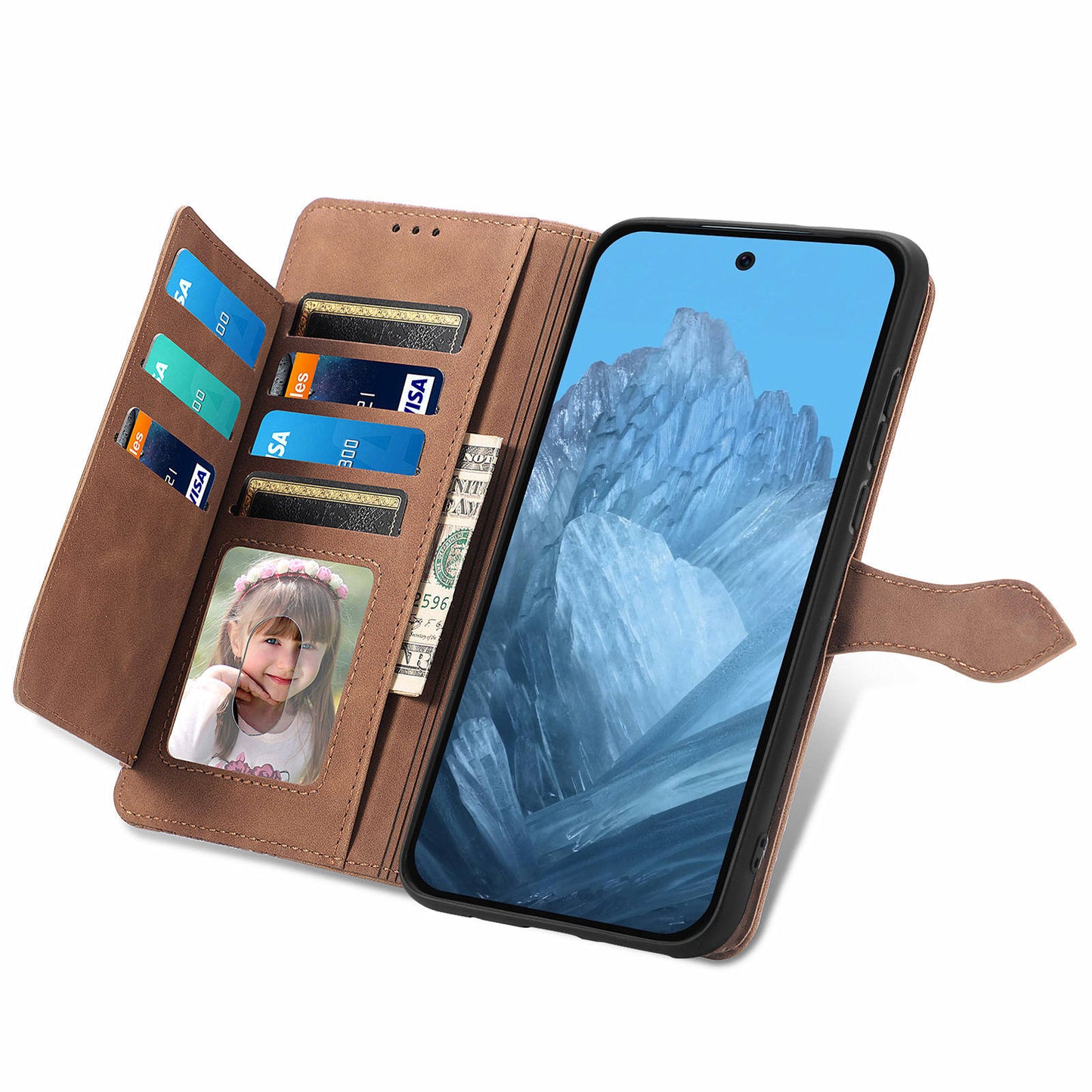 For Google Pixel 9 Anti-fall Leather Case Zipper Wallet Stand Flip Phone Cover - Brown
