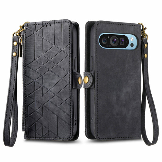 Leather Case for Google Pixel 9 , Zipper Pocket Wallet Geometry Flip Phone Cover - Black