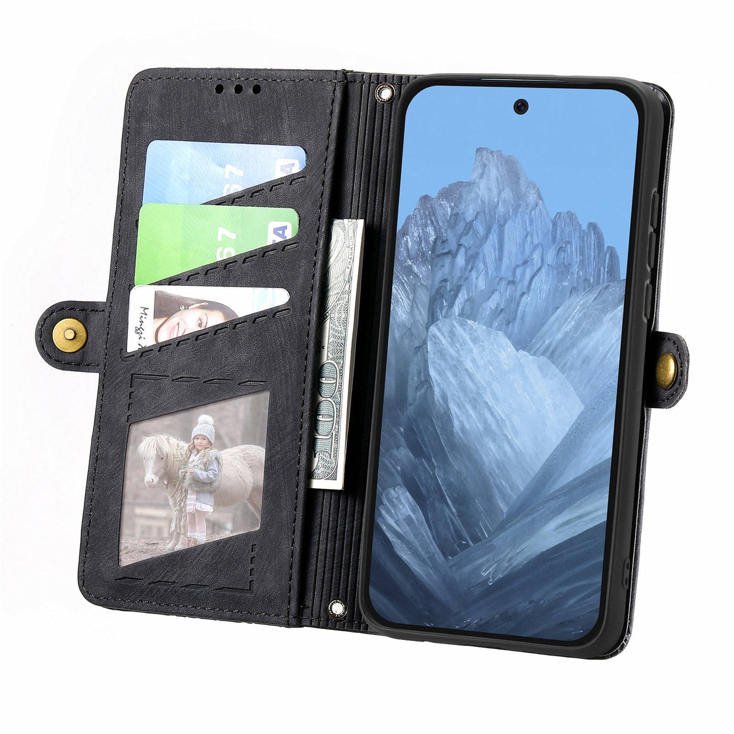 Leather Case for Google Pixel 9 , Zipper Pocket Wallet Geometry Flip Phone Cover - Black