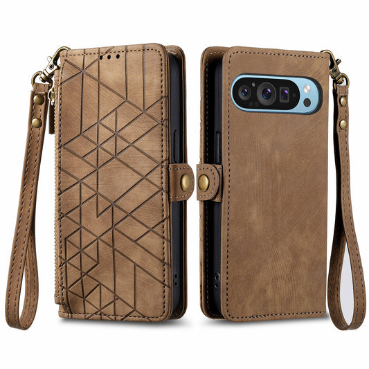 Leather Case for Google Pixel 9 Pro Zipper Pocket Geometry Mobile Phone Wallet Cover - Brown