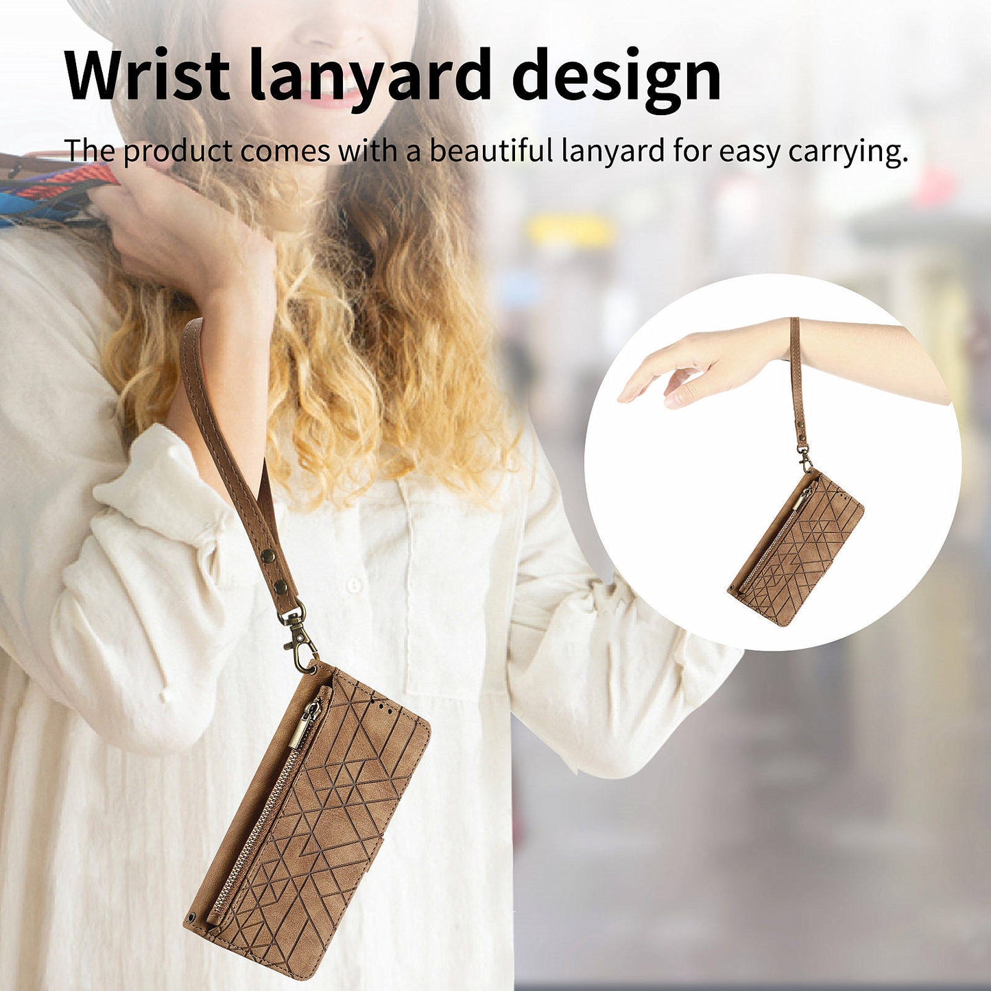 Leather Case for Google Pixel 9 Pro Zipper Pocket Geometry Mobile Phone Wallet Cover - Brown