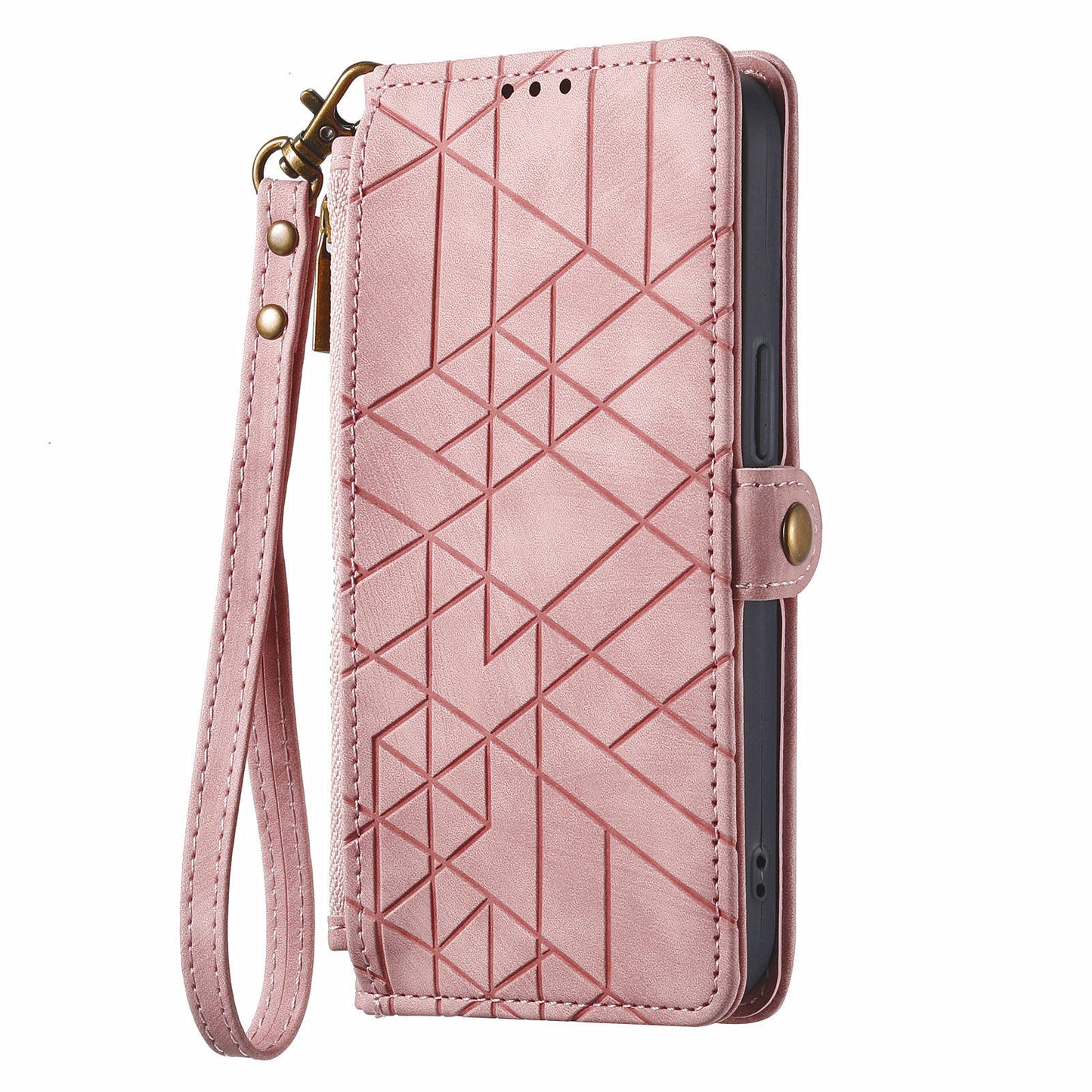 Leather Case for Google Pixel 9 Pro Zipper Pocket Geometry Mobile Phone Wallet Cover - Pink