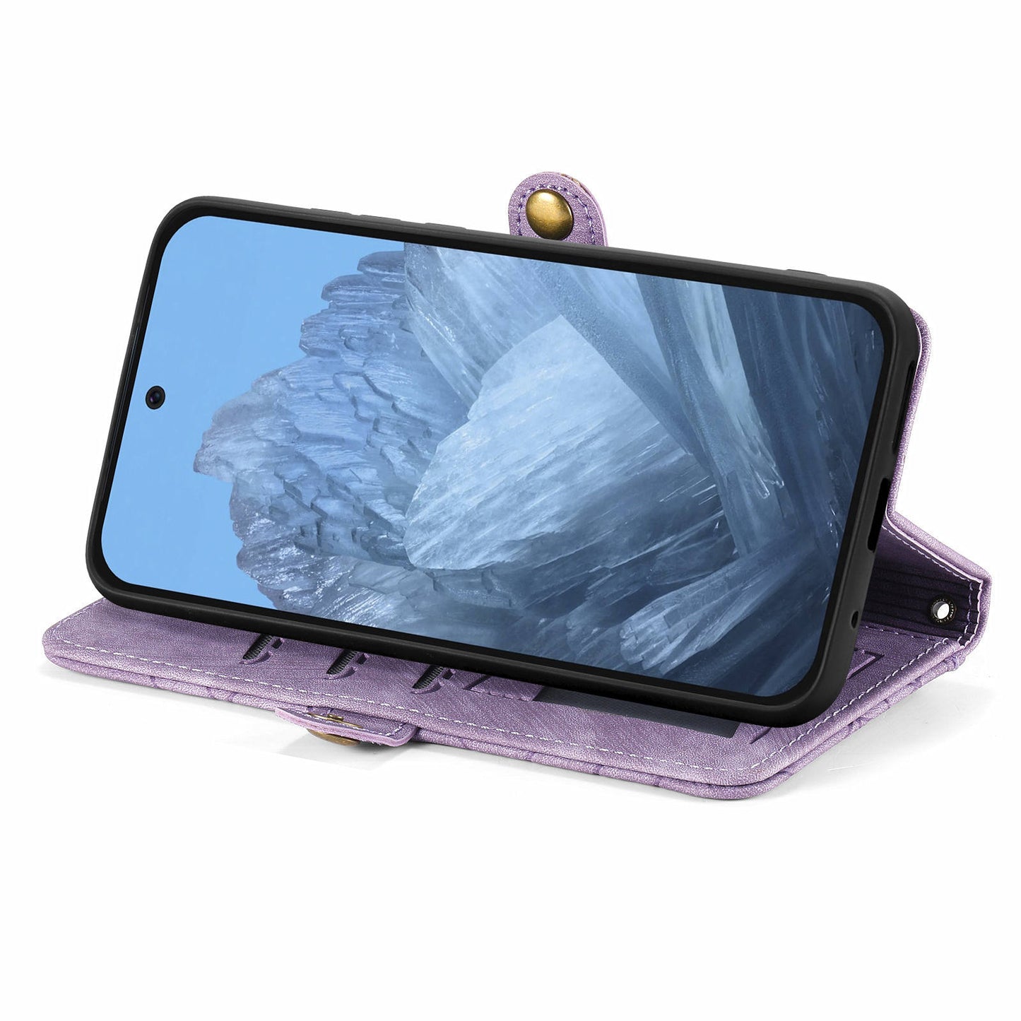 Leather Case for Google Pixel 9 Pro Zipper Pocket Geometry Mobile Phone Wallet Cover - Light Purple