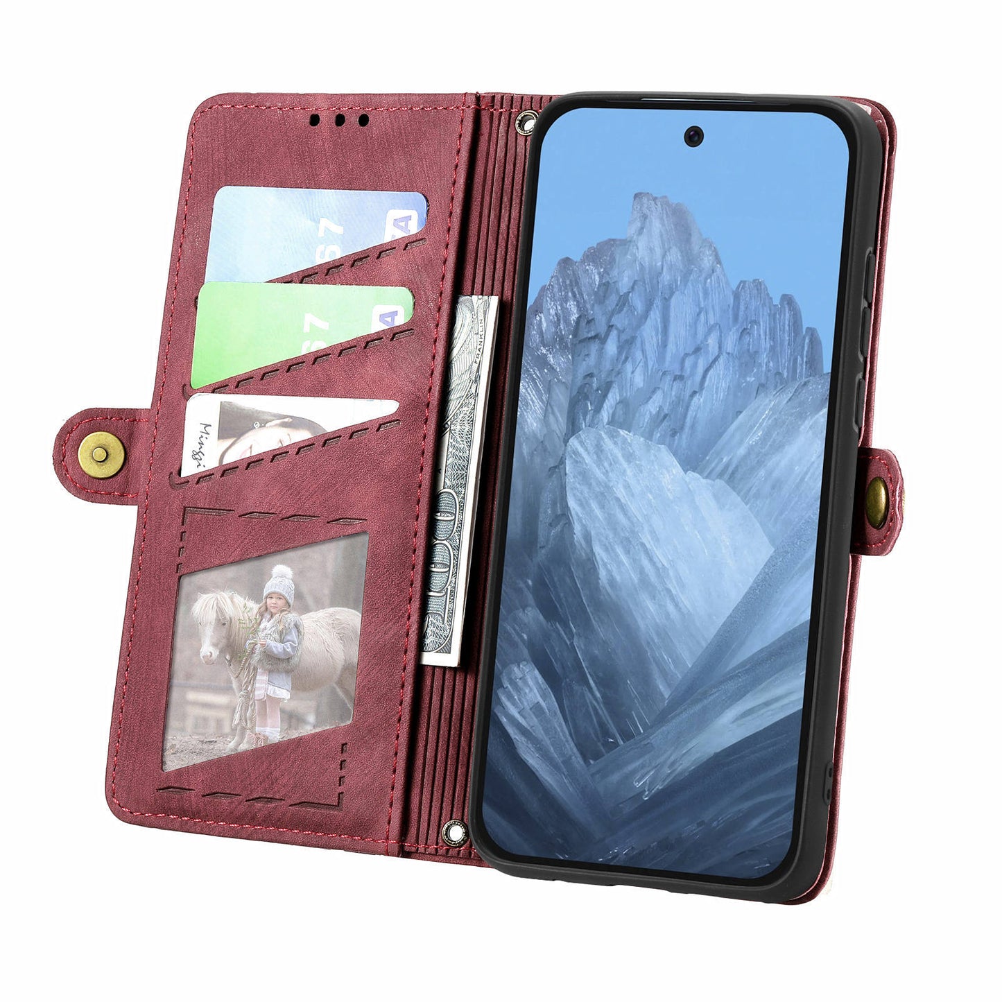 Leather Case for Google Pixel 9 Pro Zipper Pocket Geometry Mobile Phone Wallet Cover - Red