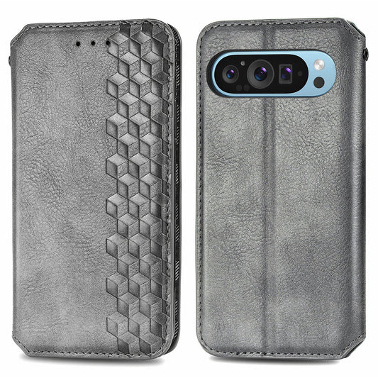 For Google Pixel 9 Pro Wallet Case Rhombus Leather Phone Cover with Stand Function - Grey