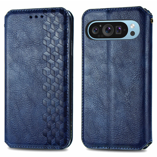 For Google Pixel 9 Pro Wallet Case Rhombus Leather Phone Cover with Stand Function - Blue