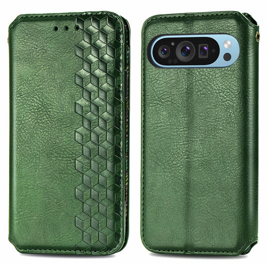For Google Pixel 9 Pro Wallet Case Rhombus Leather Phone Cover with Stand Function - Green