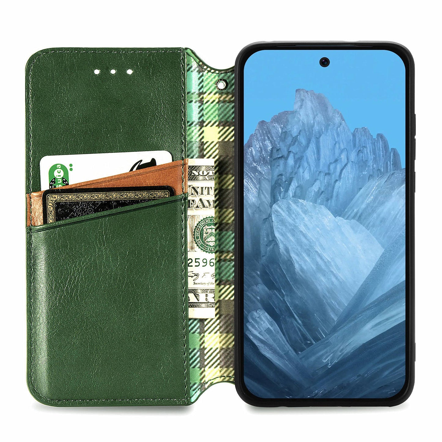 For Google Pixel 9 Pro Wallet Case Rhombus Leather Phone Cover with Stand Function - Green