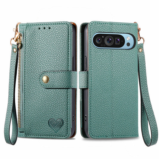 For Google Pixel 9 RFID Blocking Case Zipper Pocket PU Leather Phone Cover - Green