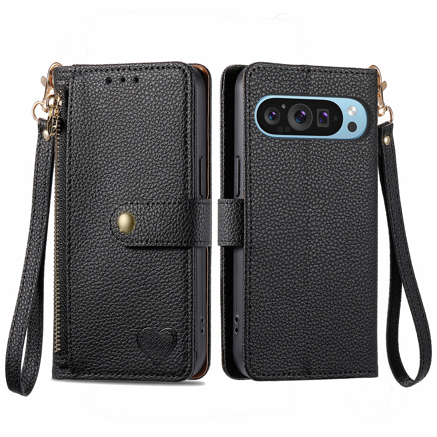 For Google Pixel 9 Pro RFID Blocking Case Zipper Pocket PU+TPU Phone Cover - Black