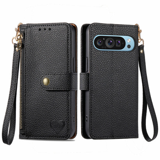 For Google Pixel 9 Pro RFID Blocking Case Zipper Pocket PU+TPU Phone Cover - Black