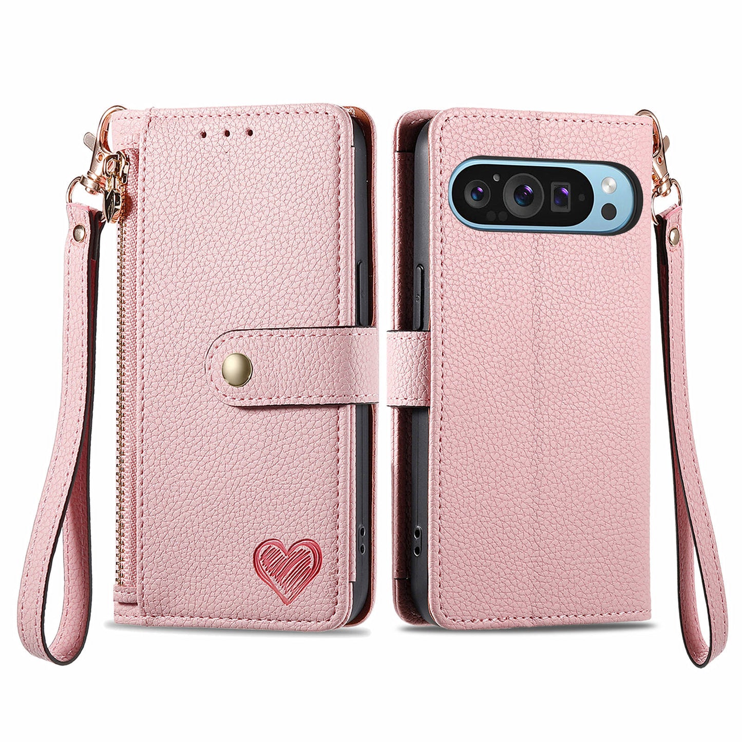 For Google Pixel 9 Pro RFID Blocking Case Zipper Pocket PU+TPU Phone Cover - Pink