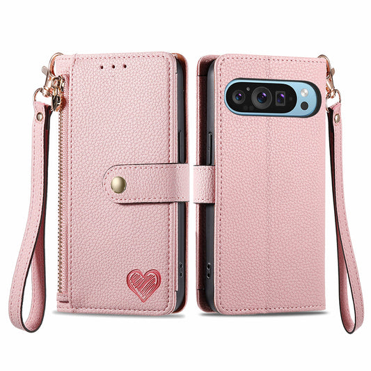 For Google Pixel 9 Pro RFID Blocking Case Zipper Pocket PU+TPU Phone Cover - Pink