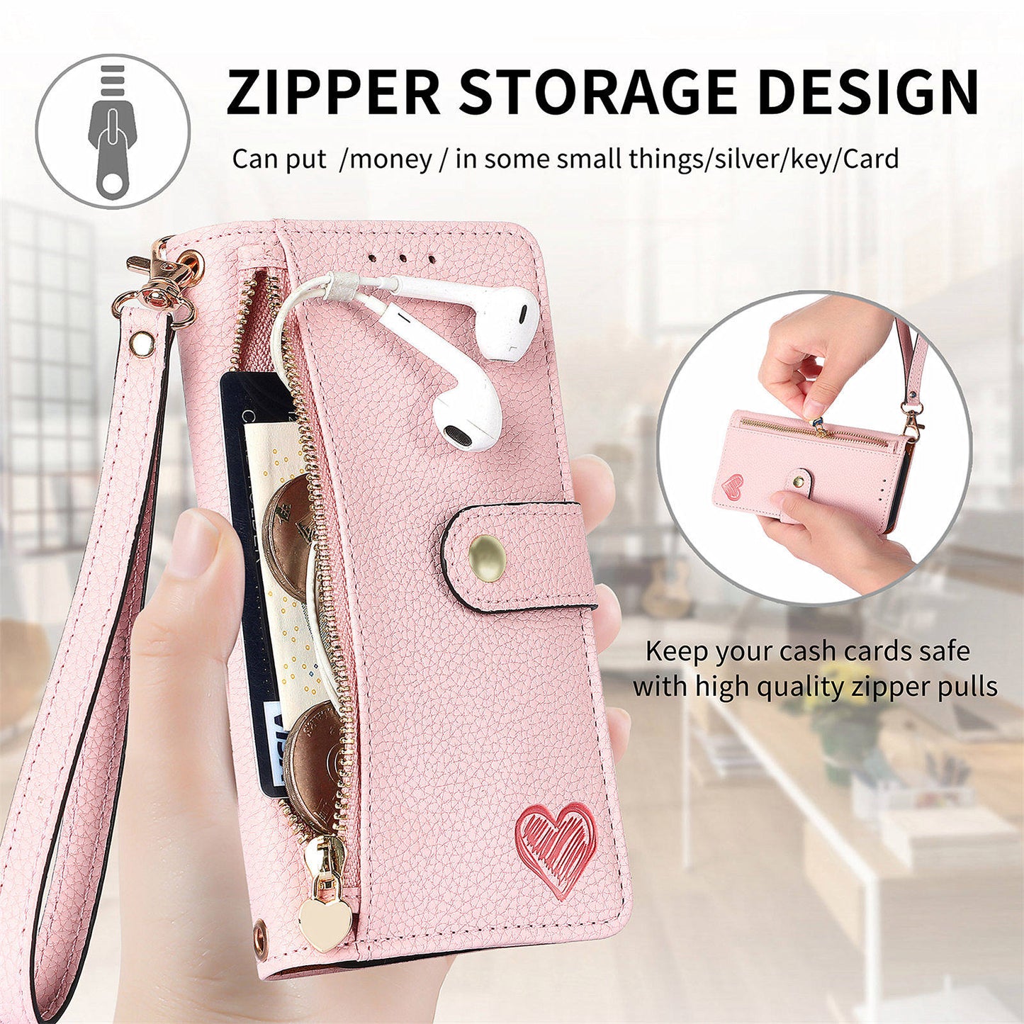 For Google Pixel 9 Pro RFID Blocking Case Zipper Pocket PU+TPU Phone Cover - Pink
