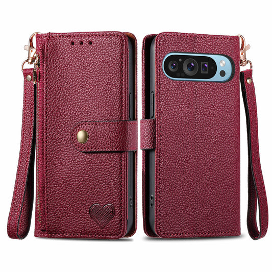 For Google Pixel 9 Pro RFID Blocking Case Zipper Pocket PU+TPU Phone Cover - Red