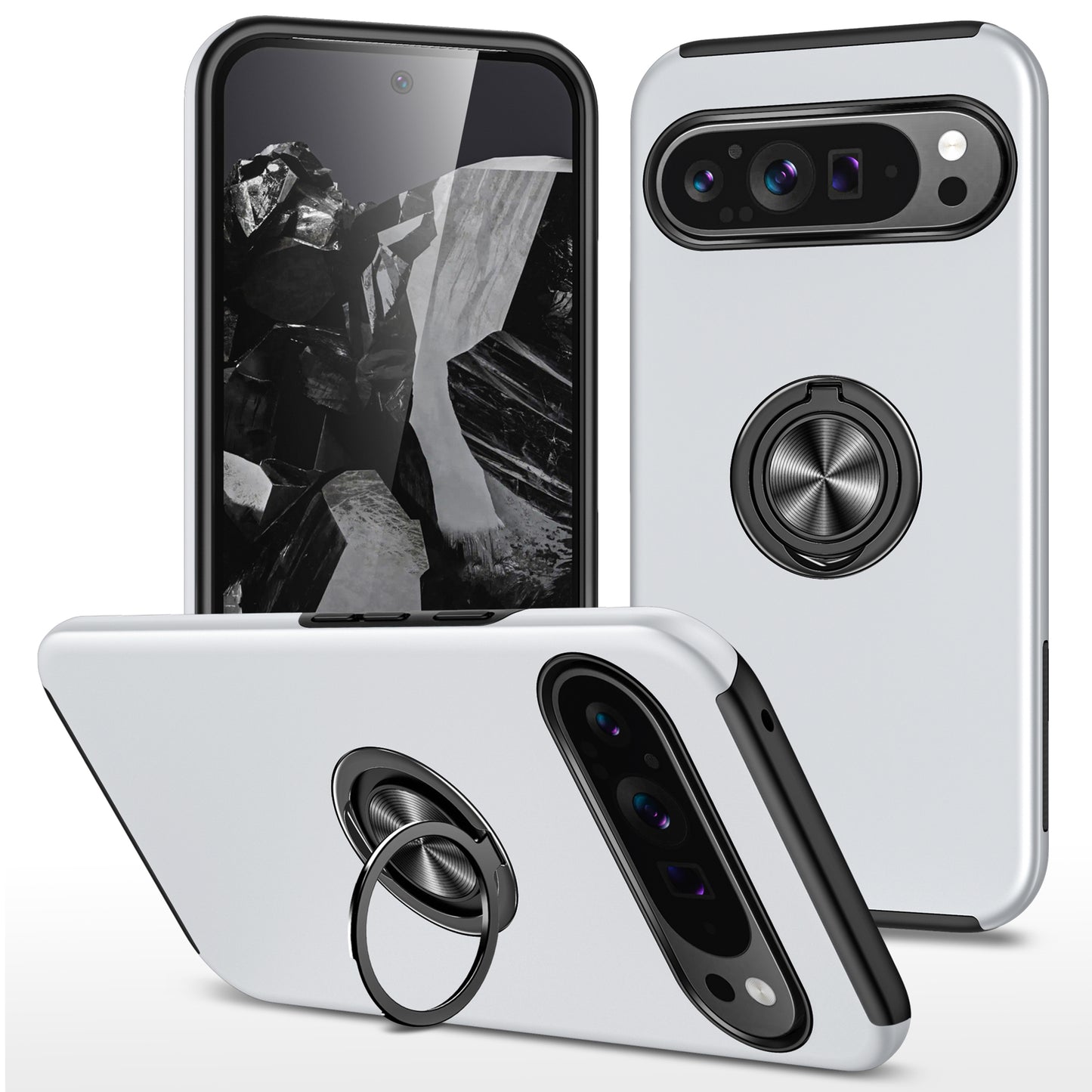 For Google Pixel 9 Pro Back Case Kickstand PC+TPU Shock-Absorbent Phone Cover - Silver