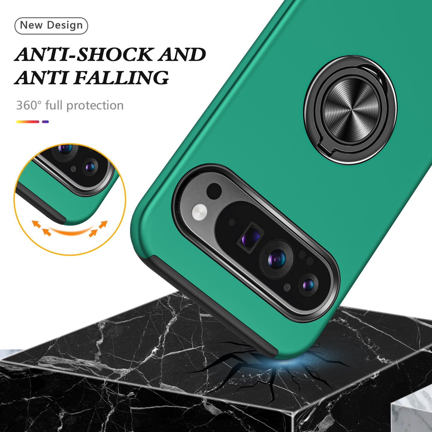 For Google Pixel 9 Case Anti-scratch PC+TPU Protective Cover with Rotary Kickstand - Blackish Green