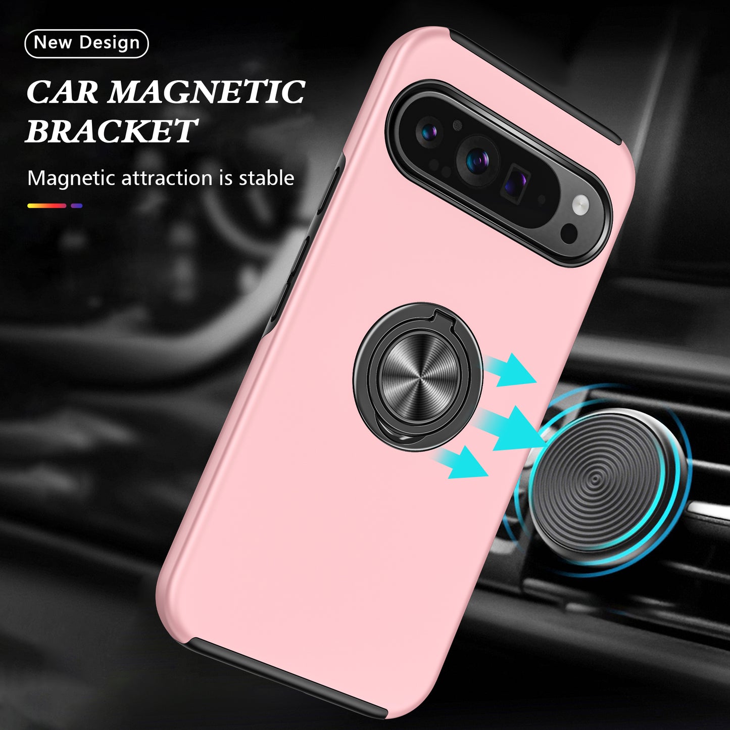 For Google Pixel 9 Case Anti-scratch PC+TPU Protective Cover with Rotary Kickstand - Rose Gold