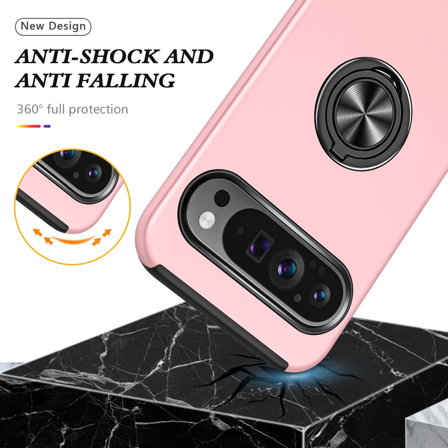 For Google Pixel 9 Case Anti-scratch PC+TPU Protective Cover with Rotary Kickstand - Rose Gold