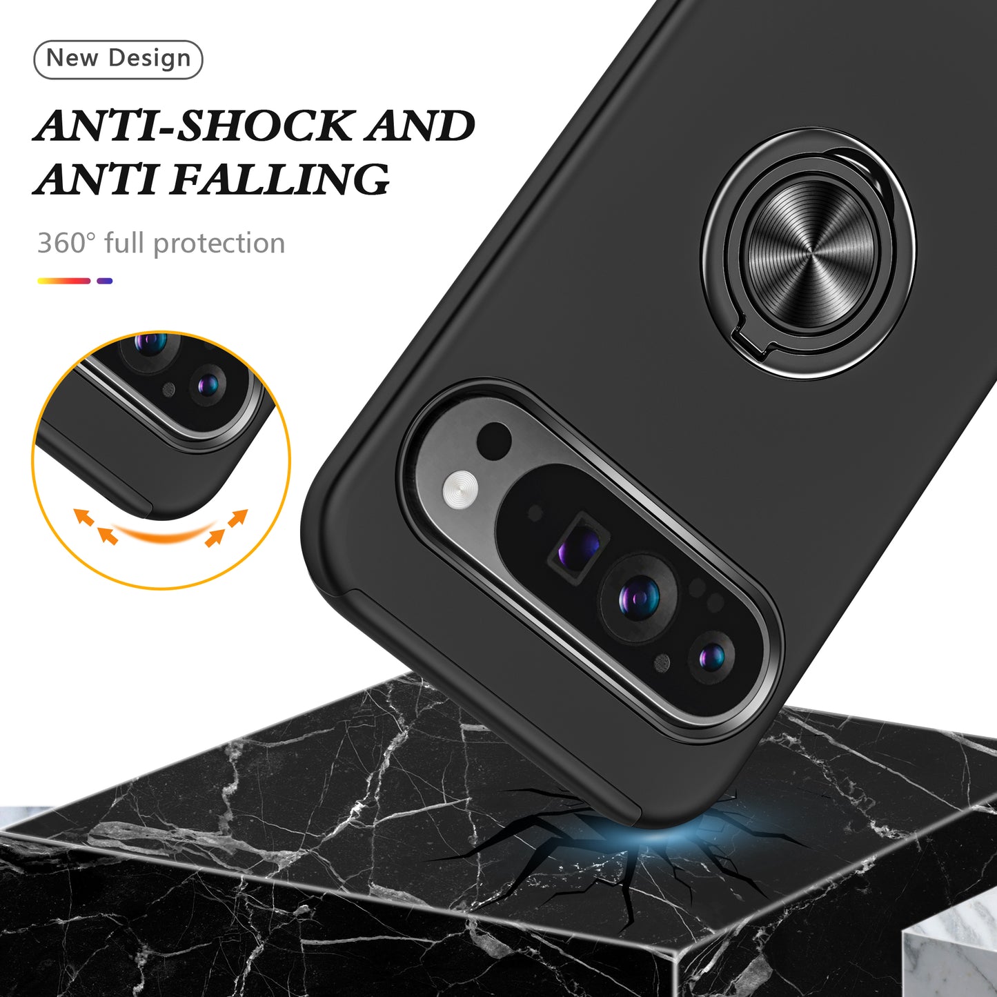 For Google Pixel 9 Case Anti-scratch PC+TPU Protective Cover with Rotary Kickstand - Black