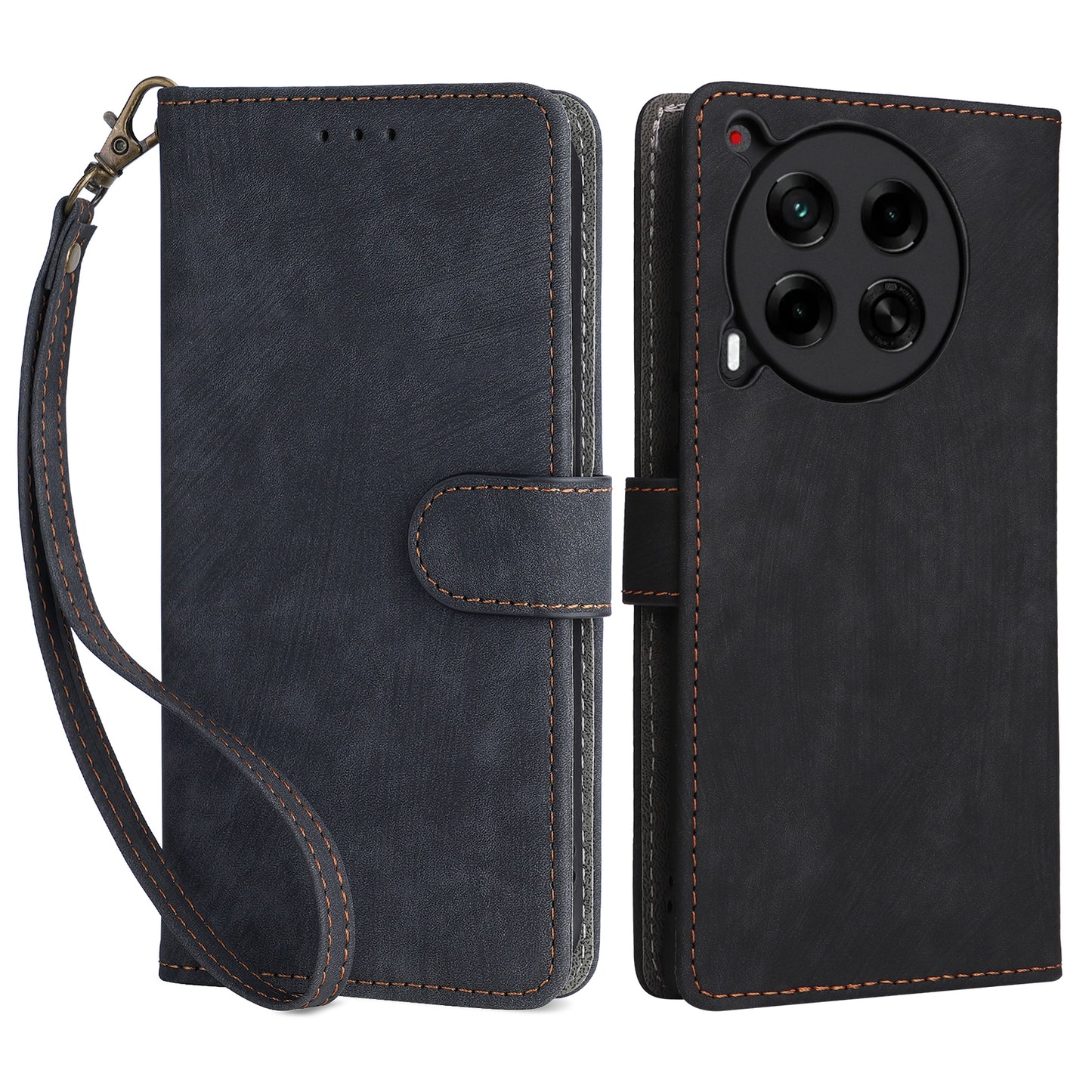 For Transsion Tecno Camon 30 5G CL7 Magnetic Case RFID Blocking Wallet Cover with Wrist Strap - Black