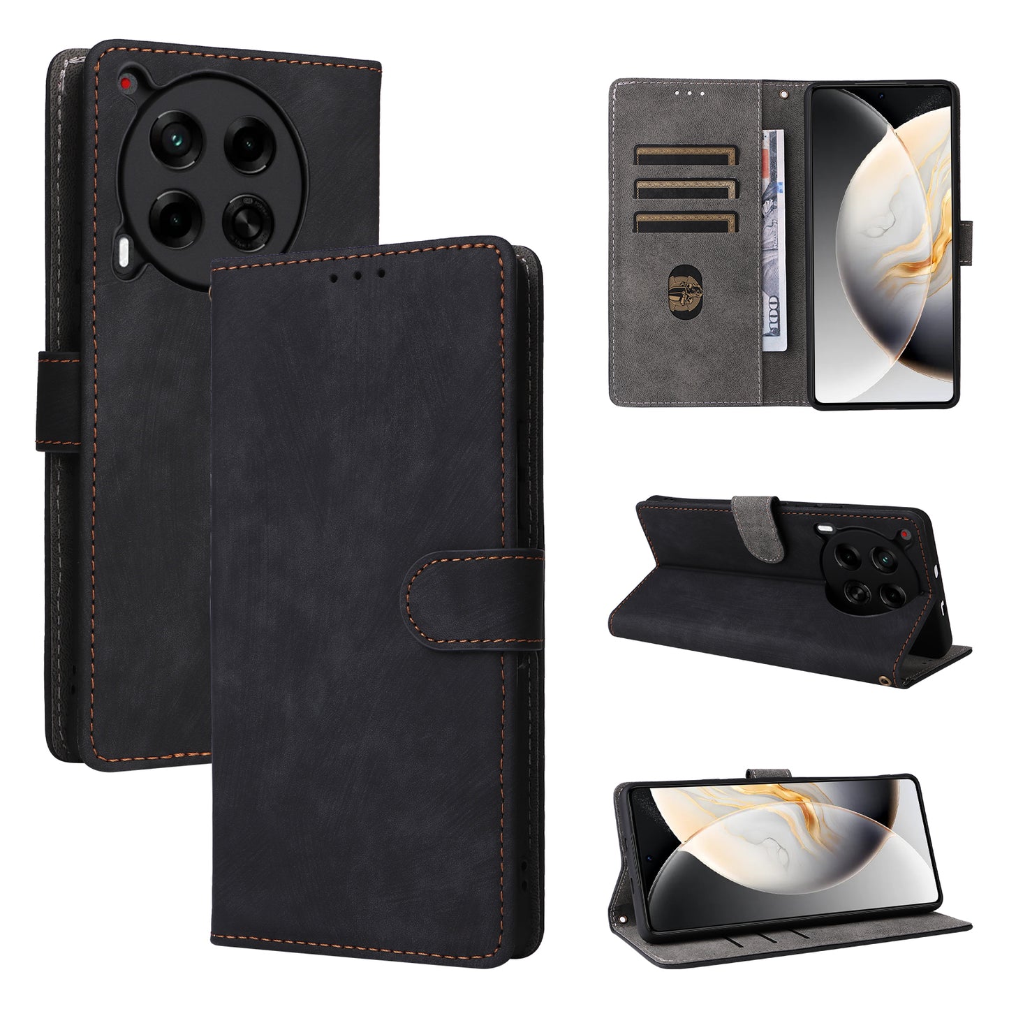 For Transsion Tecno Camon 30 5G CL7 Magnetic Case RFID Blocking Wallet Cover with Wrist Strap - Black