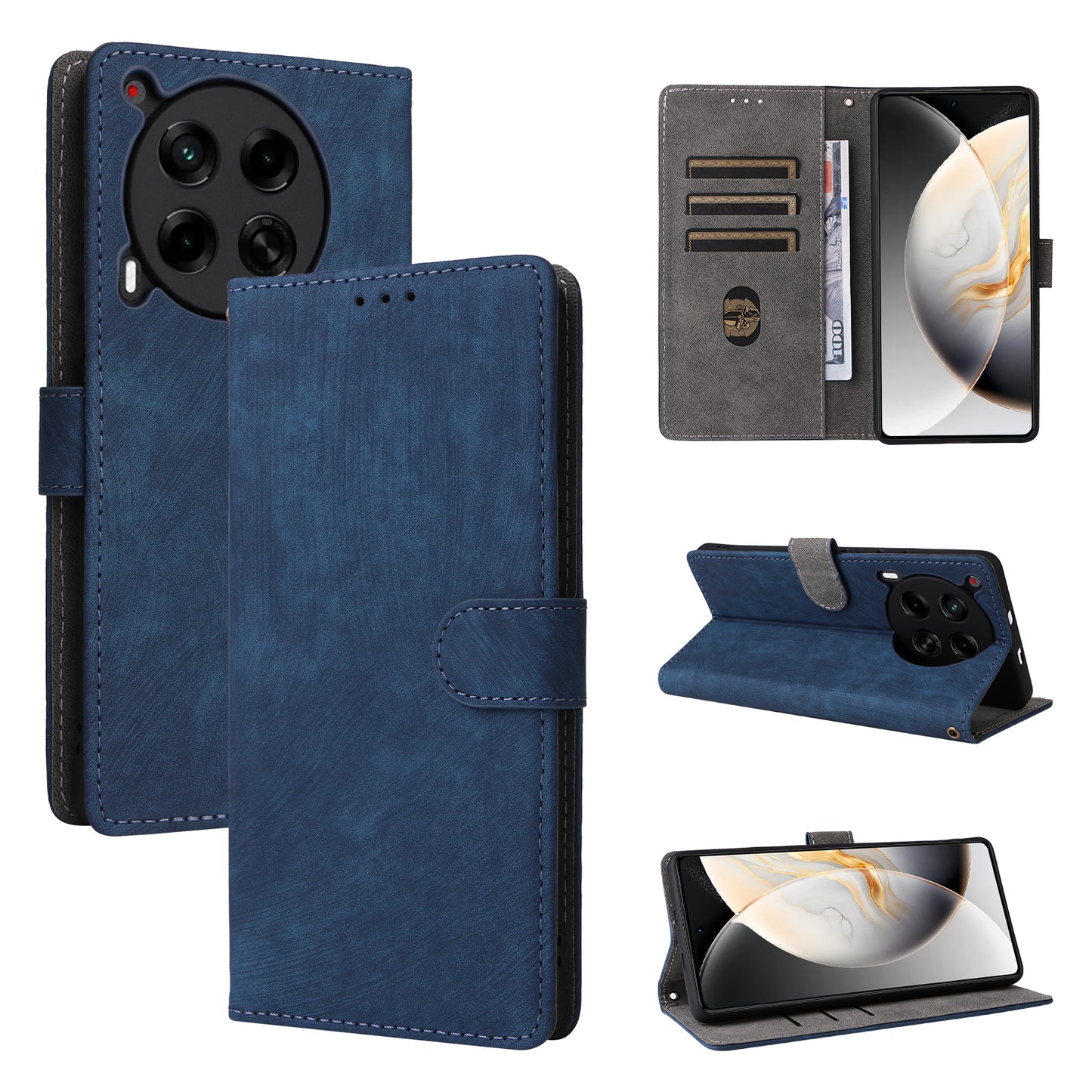 For Transsion Tecno Camon 30 5G CL7 Magnetic Case RFID Blocking Wallet Cover with Wrist Strap - Blue
