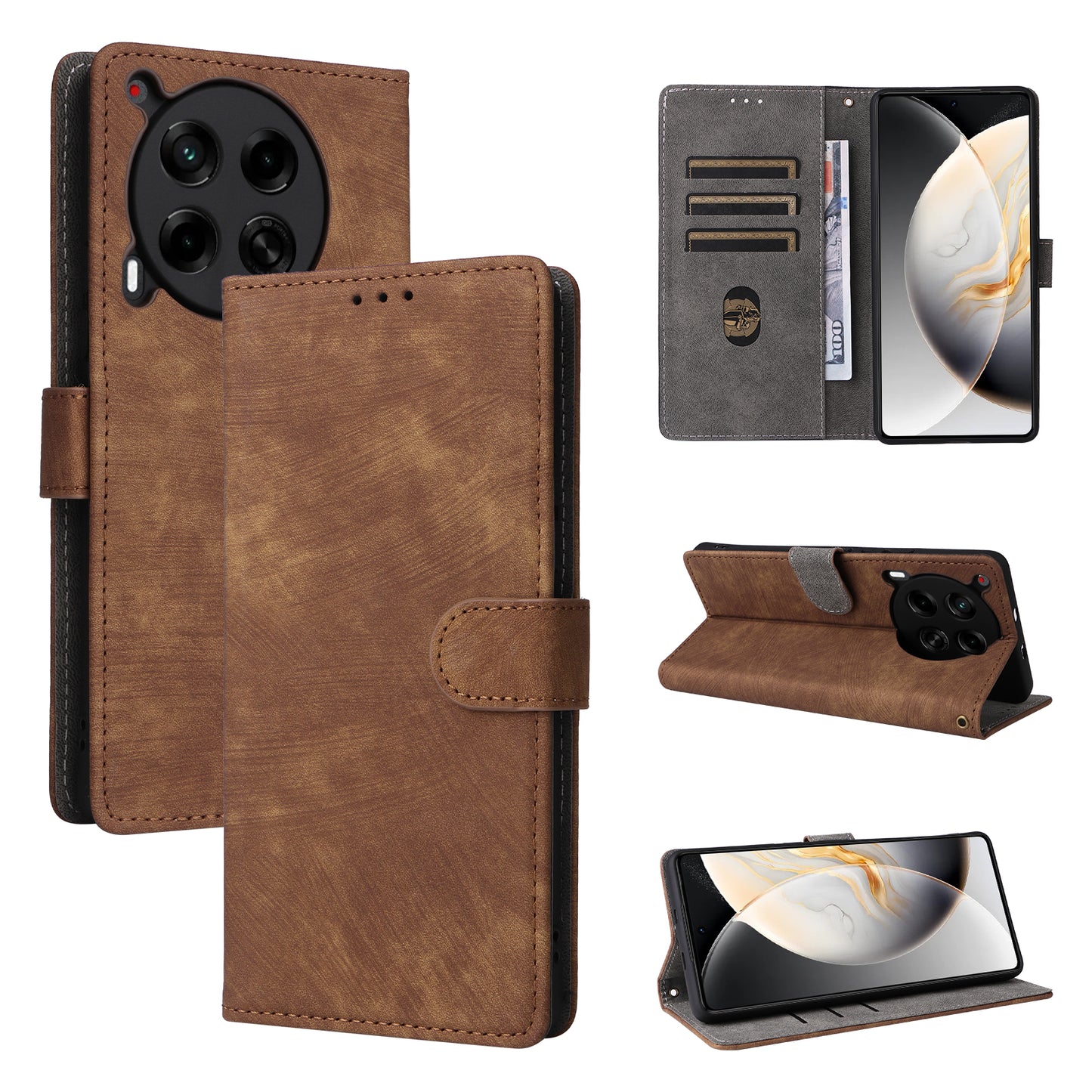 For Transsion Tecno Camon 30 5G CL7 Magnetic Case RFID Blocking Wallet Cover with Wrist Strap - Brown