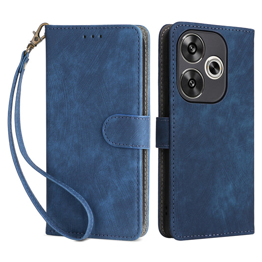 For Xiaomi Redmi Turbo 3 5G Case RFID Blocking Card Holder Protective Cover with Wrist Strap - Blue