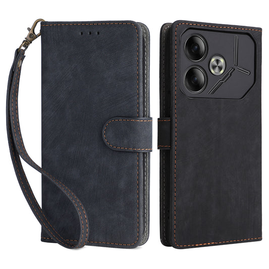 For Transsion Tecno Pova 6 4G Case with Wrist Strap RFID Blocking Stand Phone Cover - Black