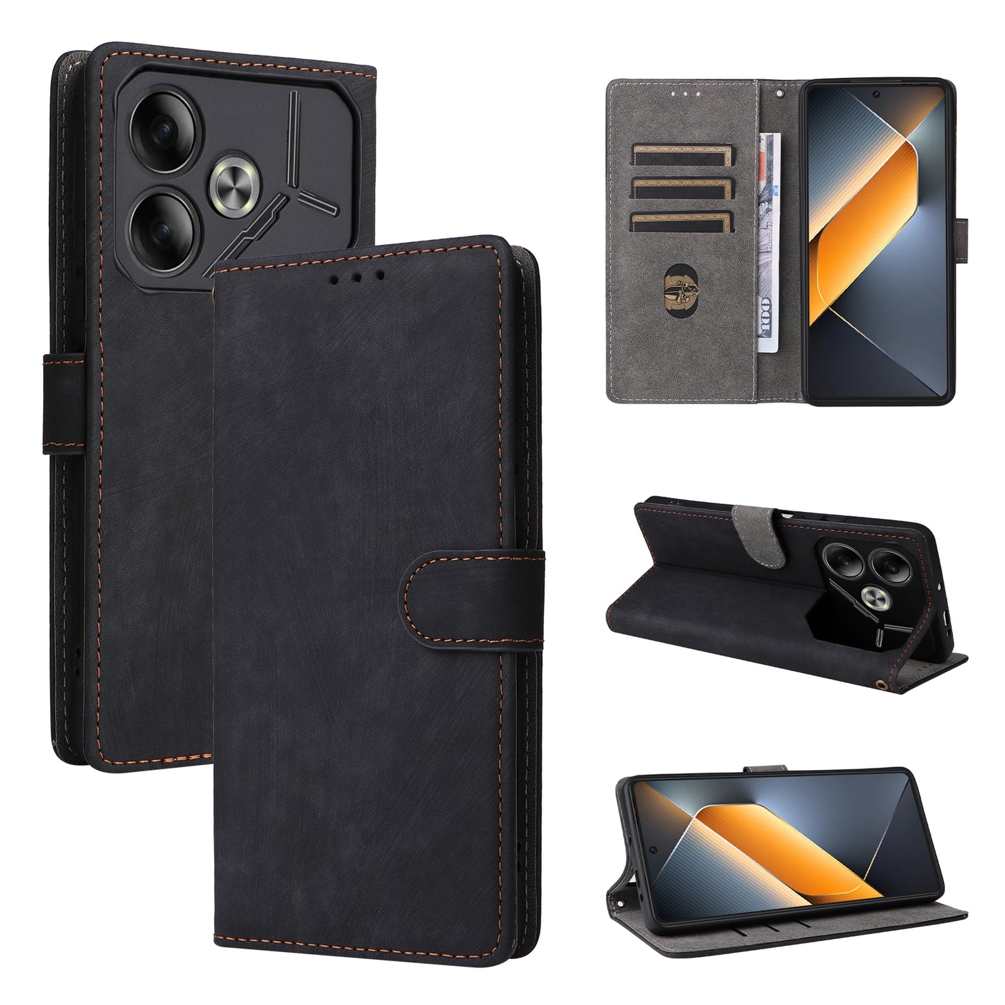 For Transsion Tecno Pova 6 4G Case with Wrist Strap RFID Blocking Stand Phone Cover - Black