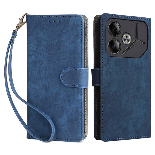For Transsion Tecno Pova 6 4G Case with Wrist Strap RFID Blocking Stand Phone Cover - Blue