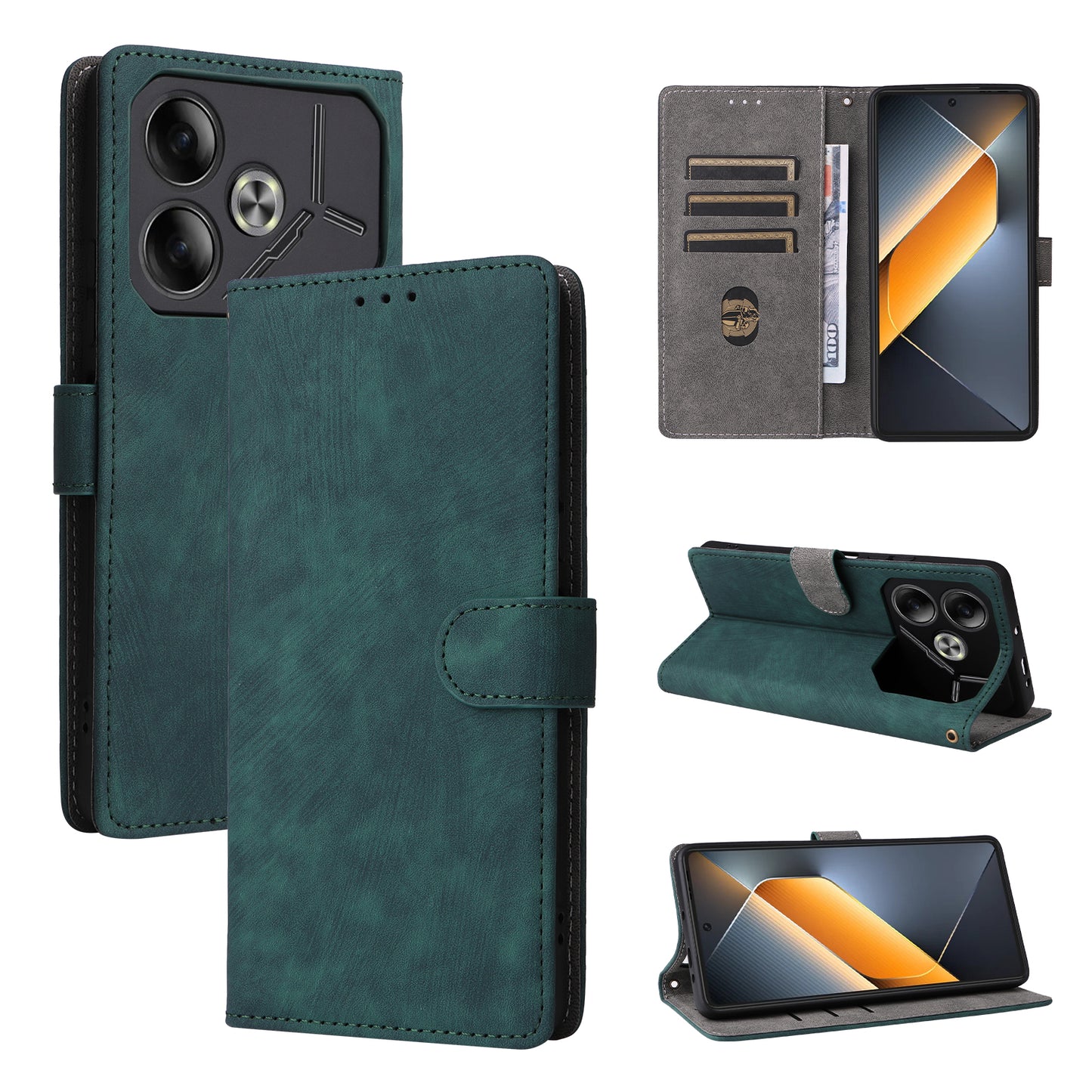 For Transsion Tecno Pova 6 4G Case with Wrist Strap RFID Blocking Stand Phone Cover - Green