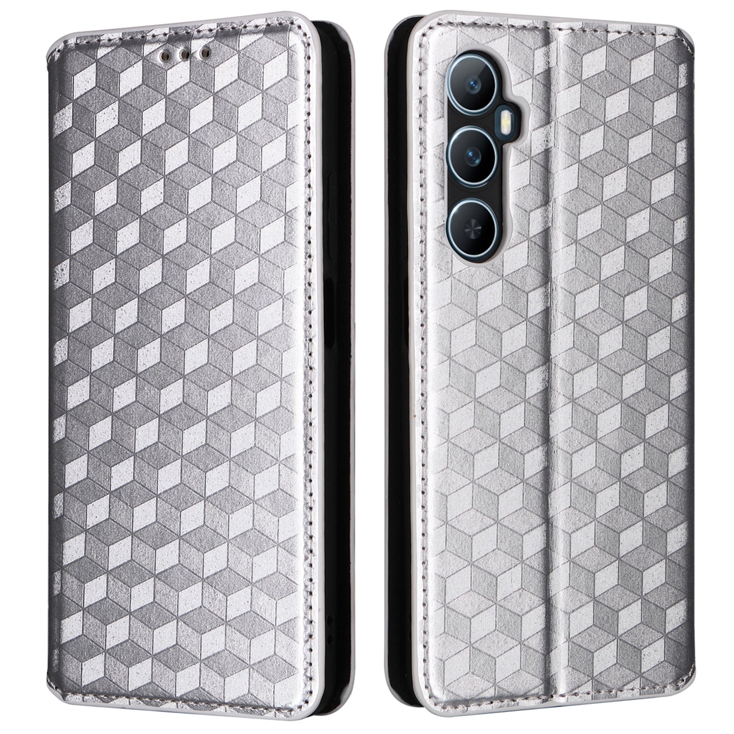 For Realme C65 4G Magnetic Case PU Leather+TPU Rhombus Imprinted Phone Cover - Silver