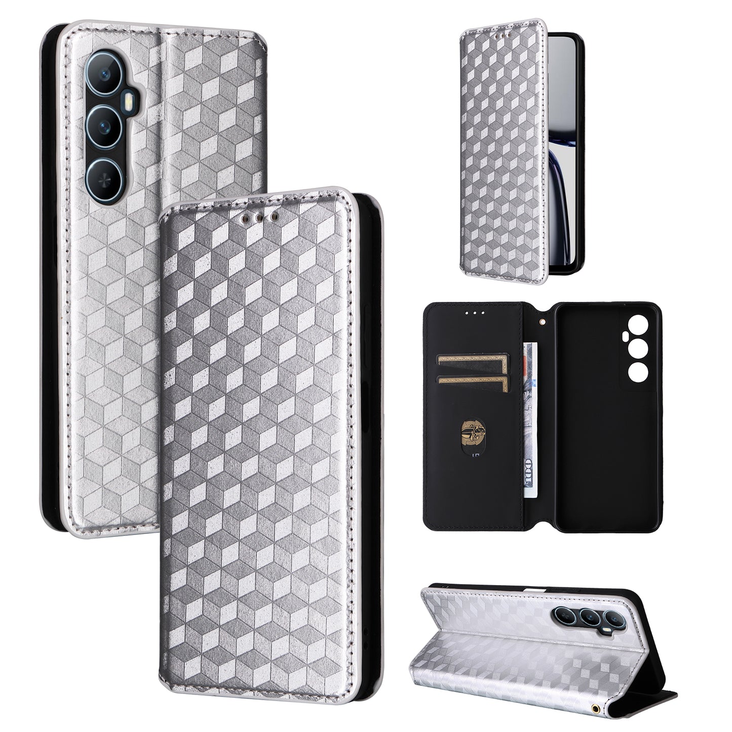 For Realme C65 4G Magnetic Case PU Leather+TPU Rhombus Imprinted Phone Cover - Silver