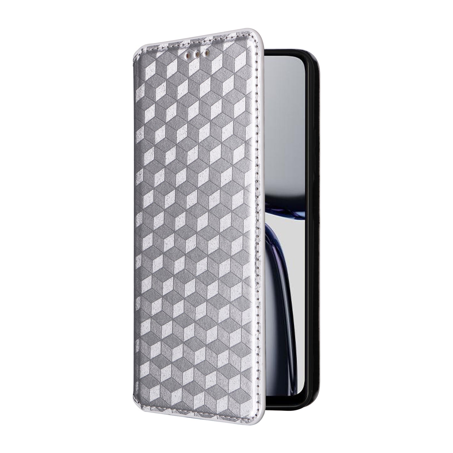 For Realme C65 4G Magnetic Case PU Leather+TPU Rhombus Imprinted Phone Cover - Silver