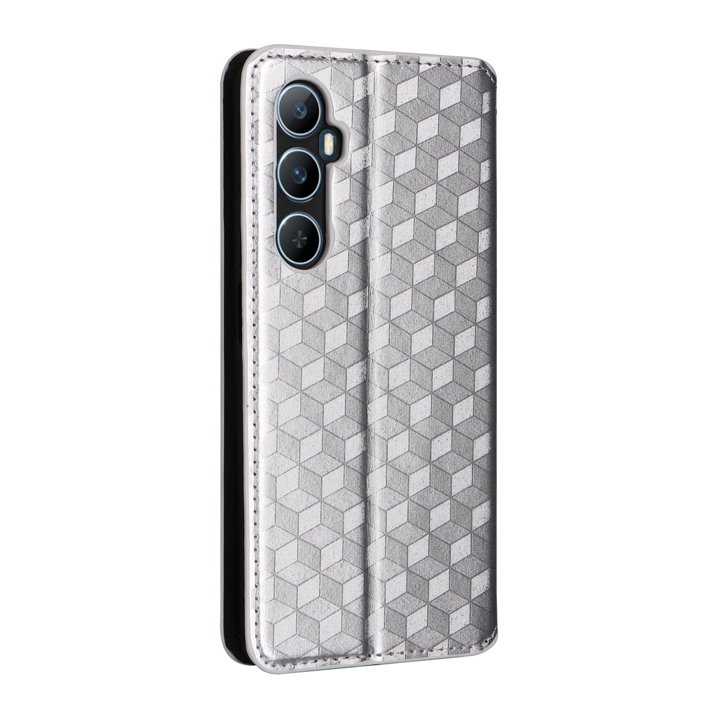 For Realme C65 4G Magnetic Case PU Leather+TPU Rhombus Imprinted Phone Cover - Silver