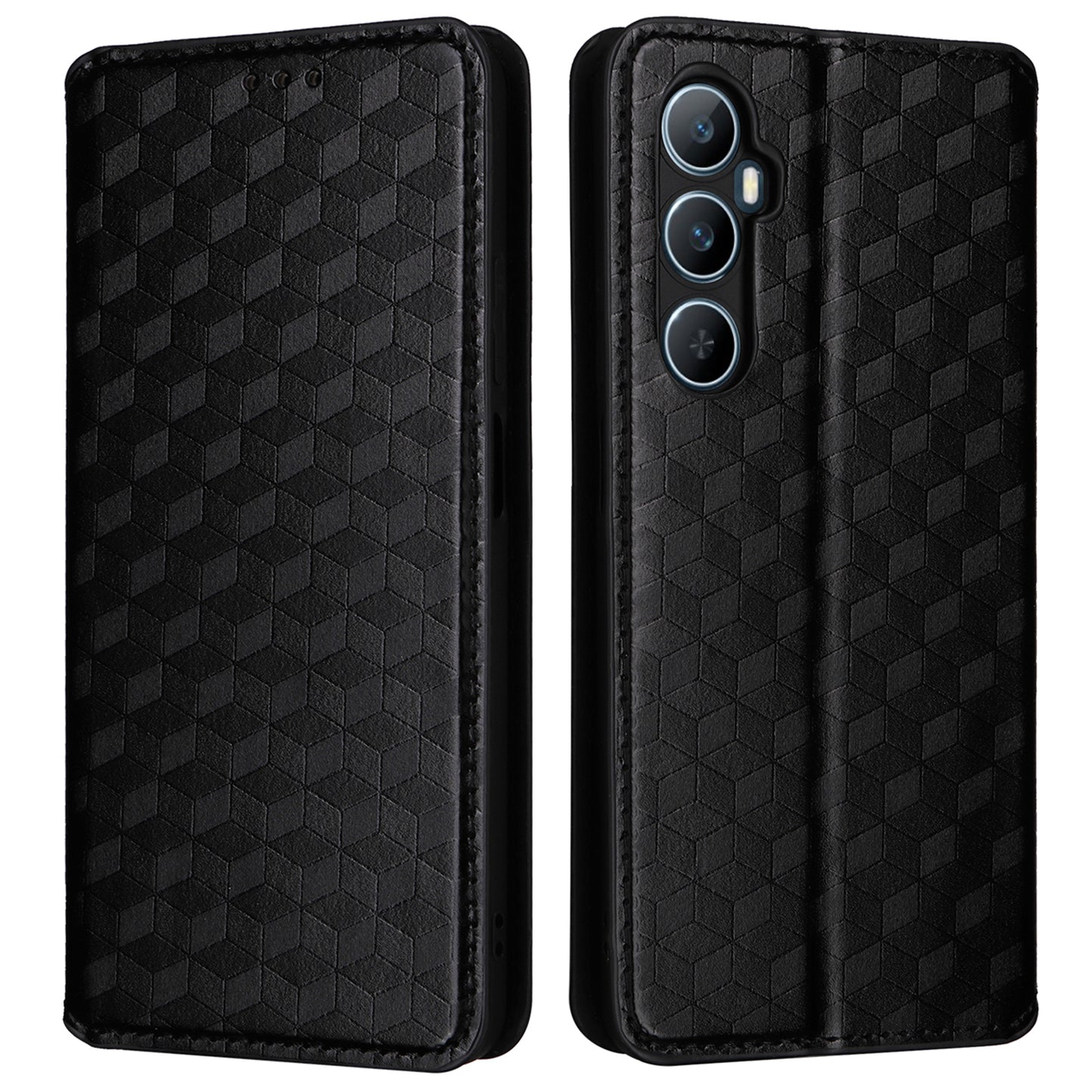 For Realme C65 4G Magnetic Case PU Leather+TPU Rhombus Imprinted Phone Cover - Black