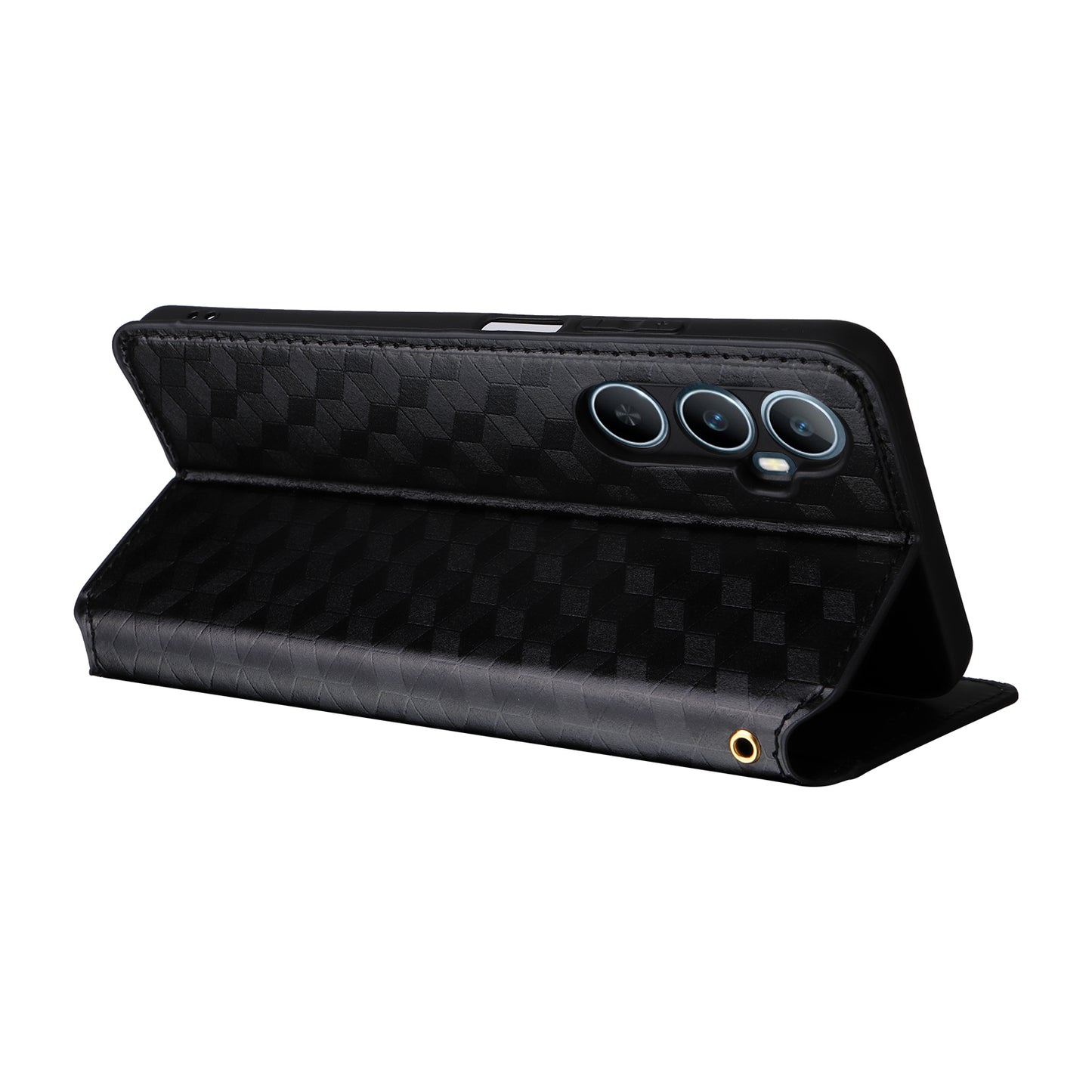 For Realme C65 4G Magnetic Case PU Leather+TPU Rhombus Imprinted Phone Cover - Black