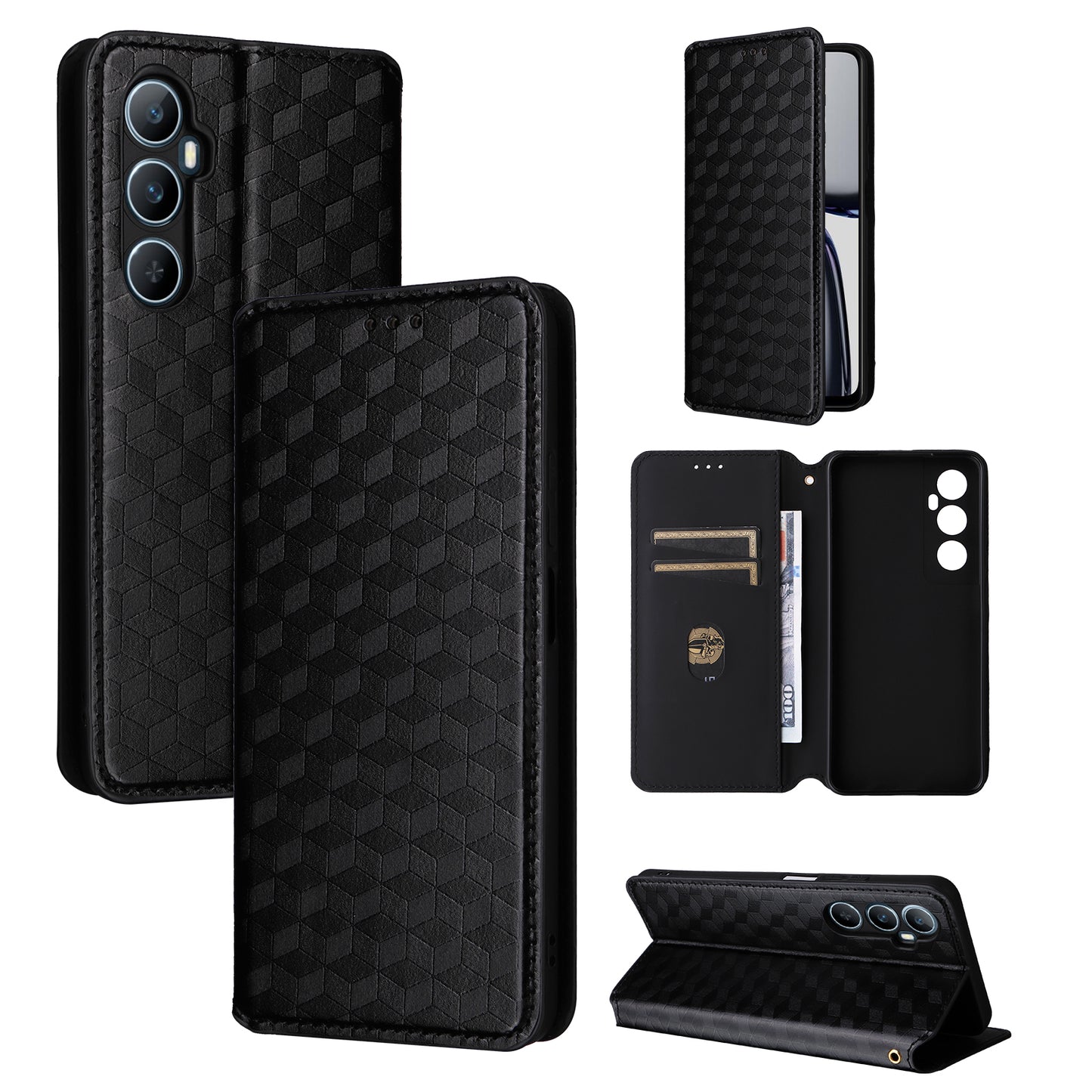 For Realme C65 4G Magnetic Case PU Leather+TPU Rhombus Imprinted Phone Cover - Black
