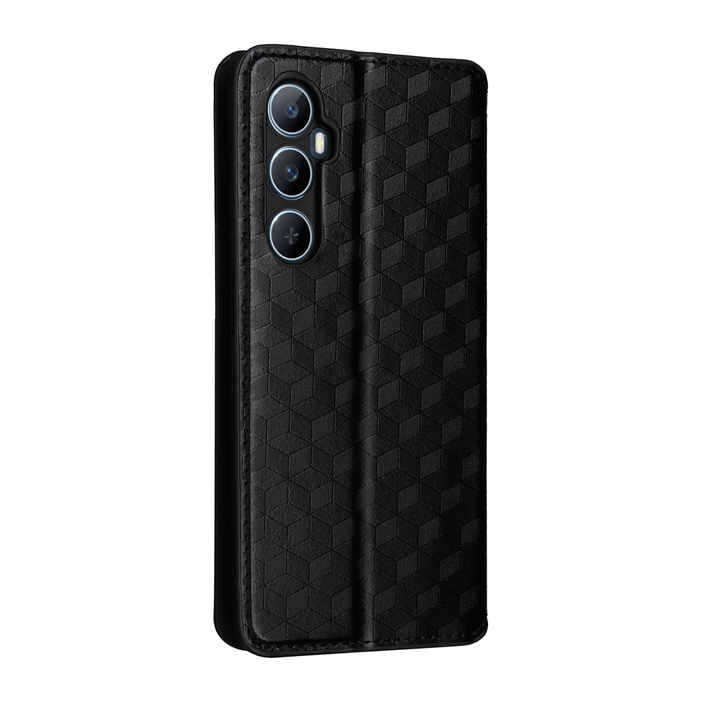 For Realme C65 4G Magnetic Case PU Leather+TPU Rhombus Imprinted Phone Cover - Black