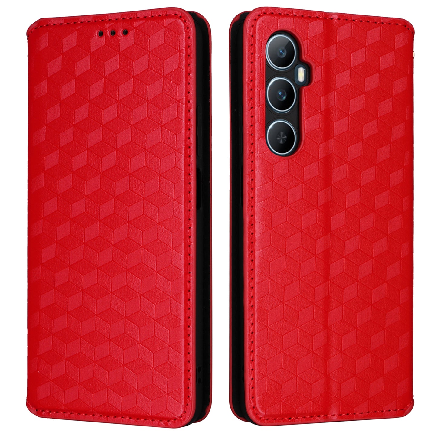 For Realme C65 4G Magnetic Case PU Leather+TPU Rhombus Imprinted Phone Cover - Red