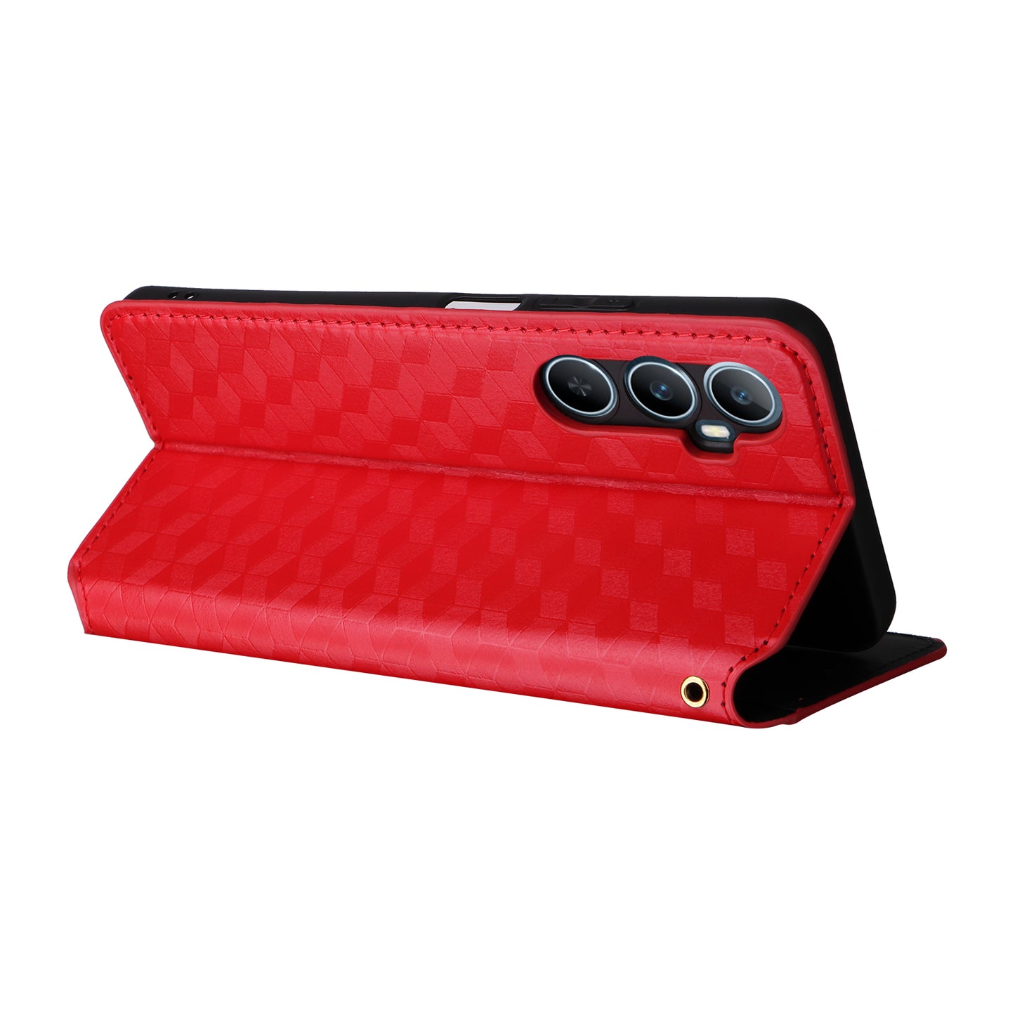 For Realme C65 4G Magnetic Case PU Leather+TPU Rhombus Imprinted Phone Cover - Red