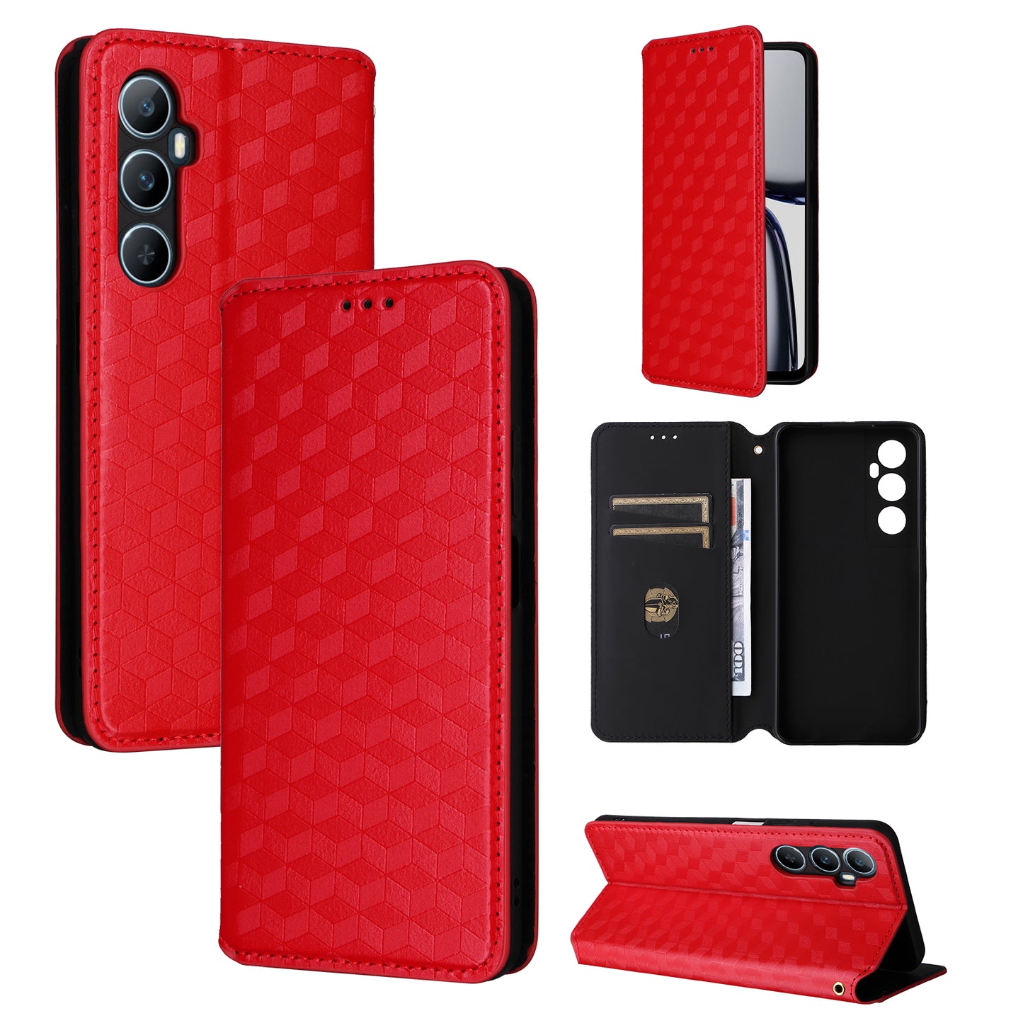 For Realme C65 4G Magnetic Case PU Leather+TPU Rhombus Imprinted Phone Cover - Red